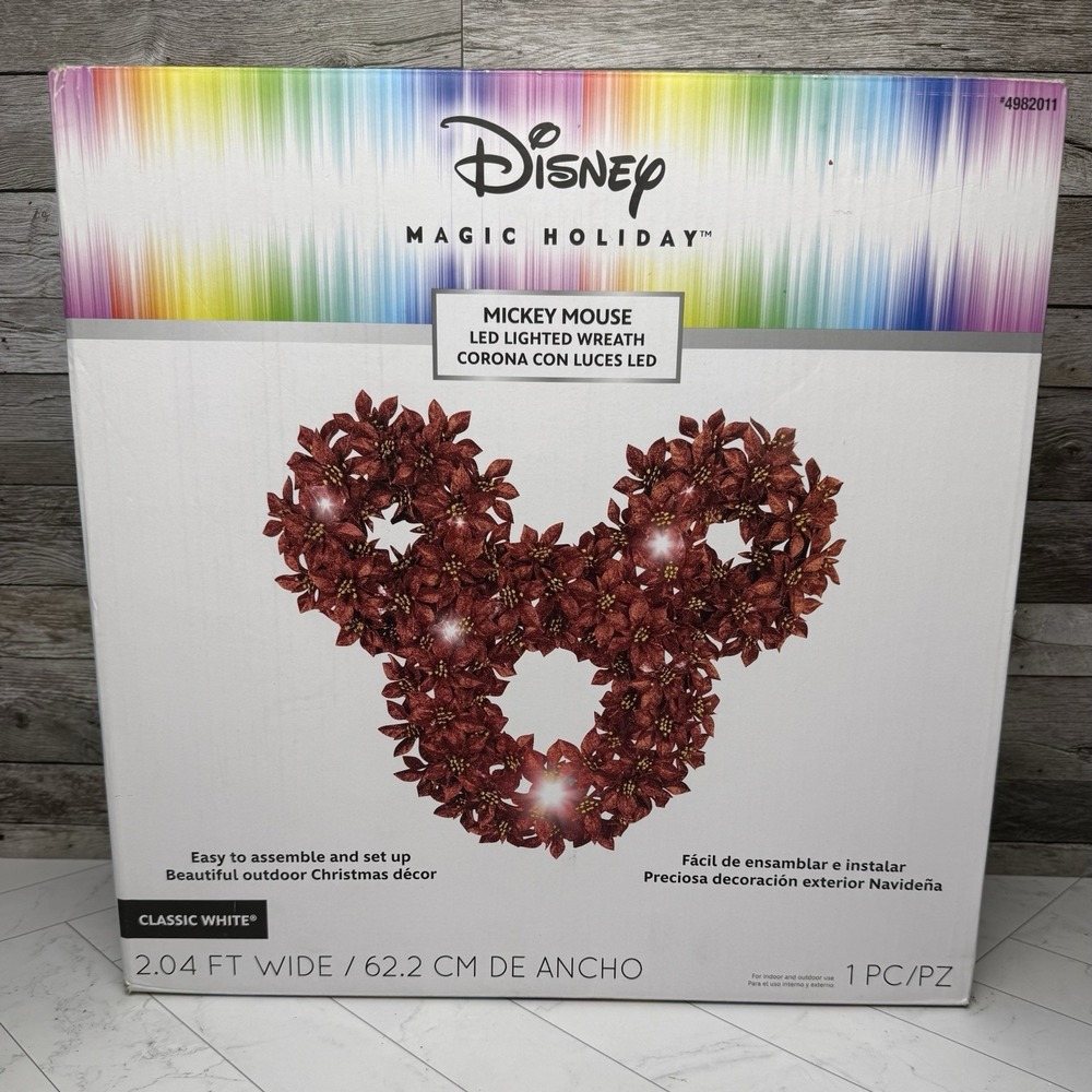 Mickey Mouse LED Lighted Poinsettia Wreath Disney Magic Holiday